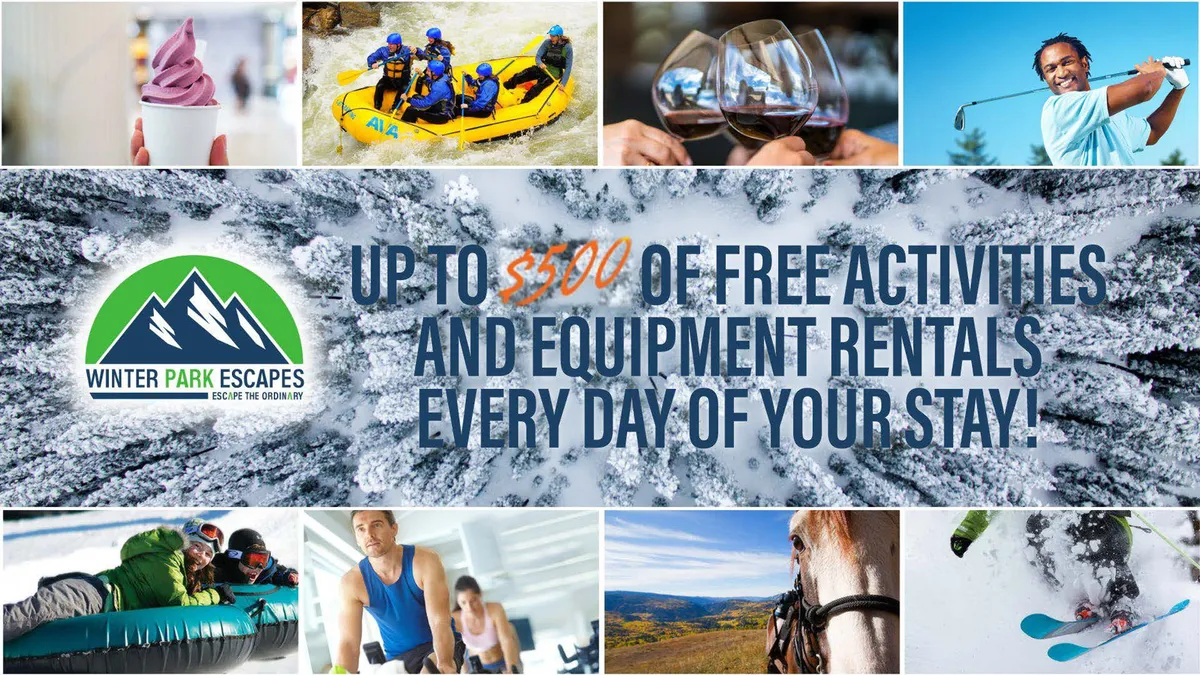 This lively outdoor image showcases a group engaged in thrilling white-water rafting, with additional scenes of people skiing, golfing, tasting wine, and horseback riding against a backdrop of serene mountain views. The energy and variety of activities immediately evoke the spirit of adventure and the breadth of experiences available near the villa.