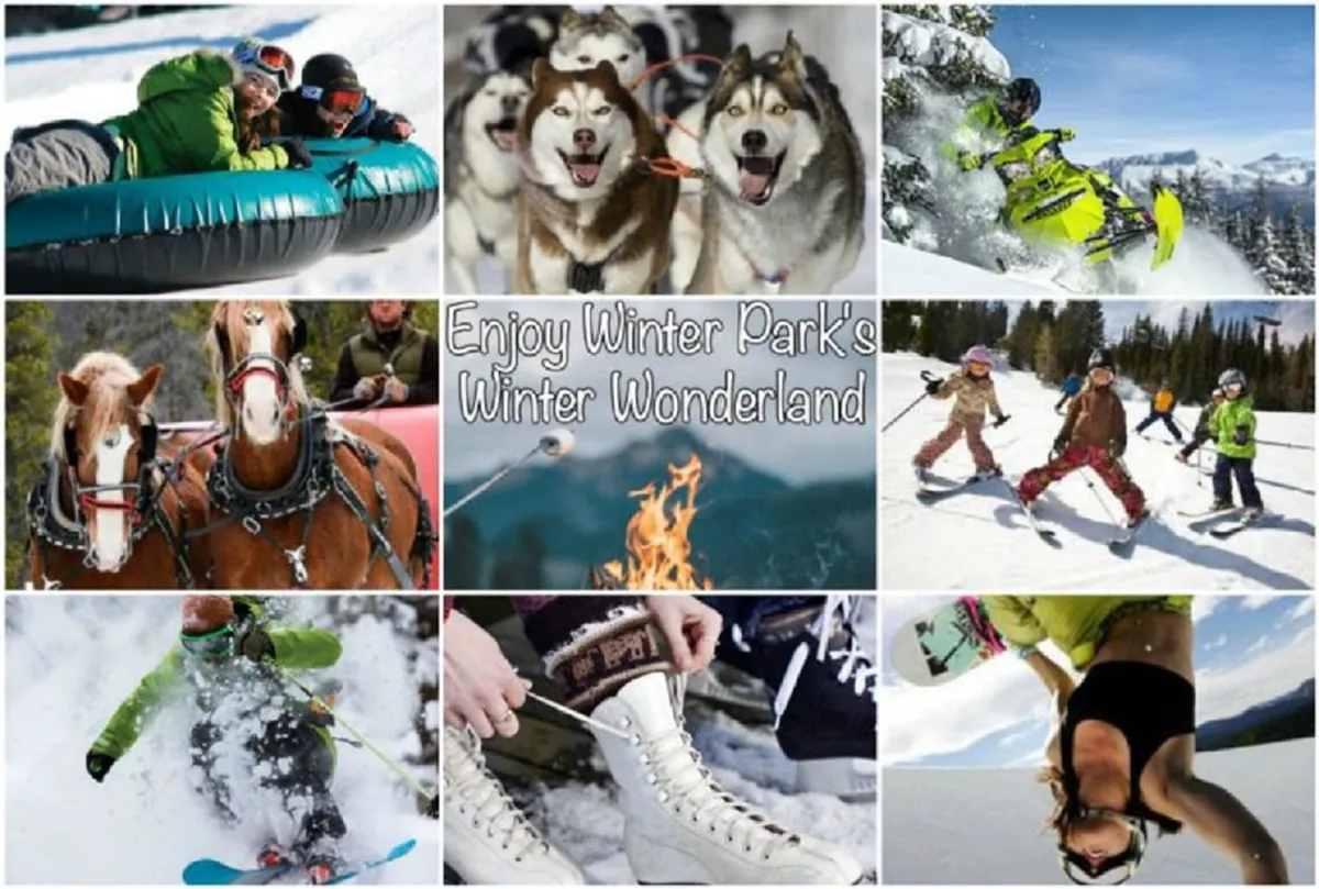 A lively collection of classic winter activities: families and kids enjoy snow tubing down gentle hills, a team of huskies await a dog sledding adventure, and snowboarders carve through soft powder, all surrounded by pristine snow and a festive village atmosphere.
