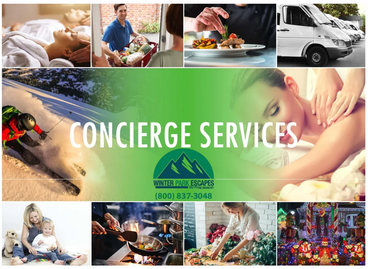 A collage-like interior scene illustrates a variety of luxury services and experiences, including concierge arrangements, spa treatments, gourmet food preparation, family activities, and winter sports. It conveys an atmosphere of relaxation, hospitality, and curated adventure.
