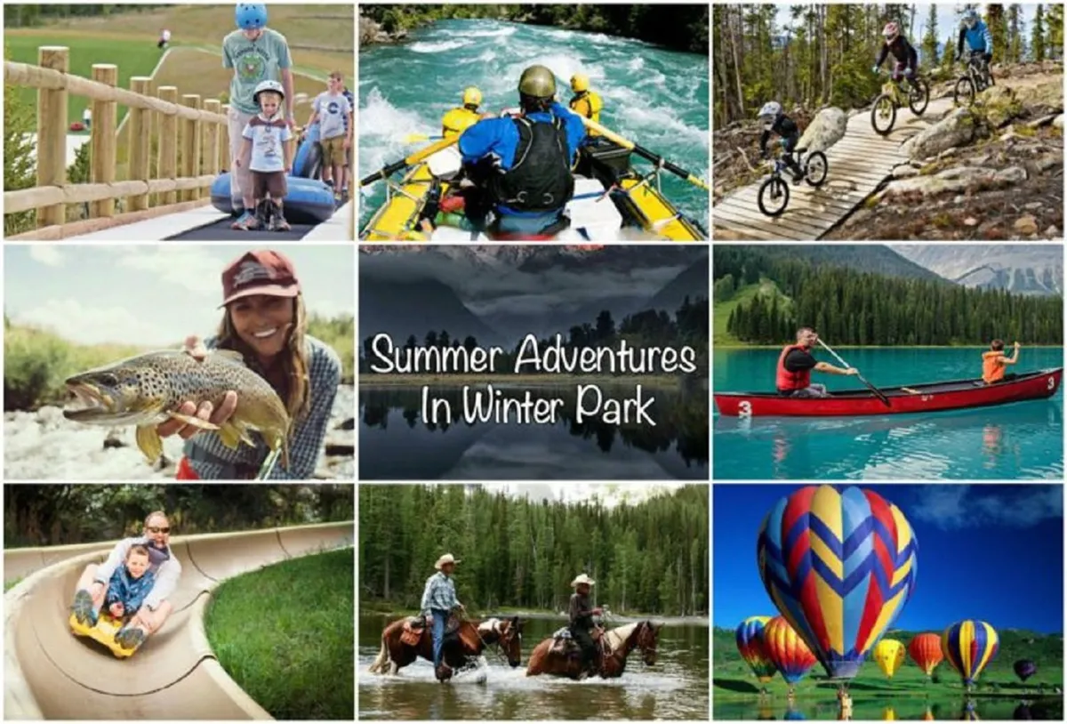 A vibrant exterior scene displaying families and friends partaking in a variety of outdoor adventures, including rafting, biking, kayaking, horseback riding, and even hot air ballooning. The setting is energetic, joyful, and surrounded by scenic nature.